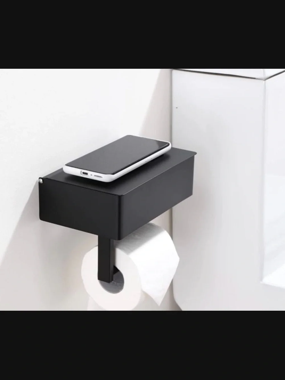 Black Wall-Mounted Bathroom Storage Shelf with Toilet Paper Holder